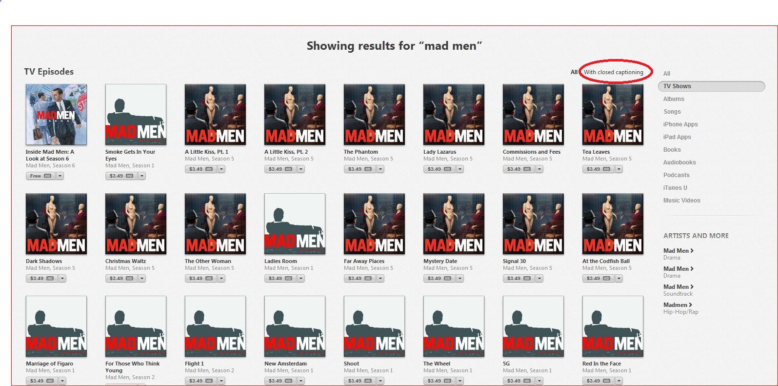A screen shot of "Mad Men" episodes in iTunes with the "With closed captioning" option highlighted.